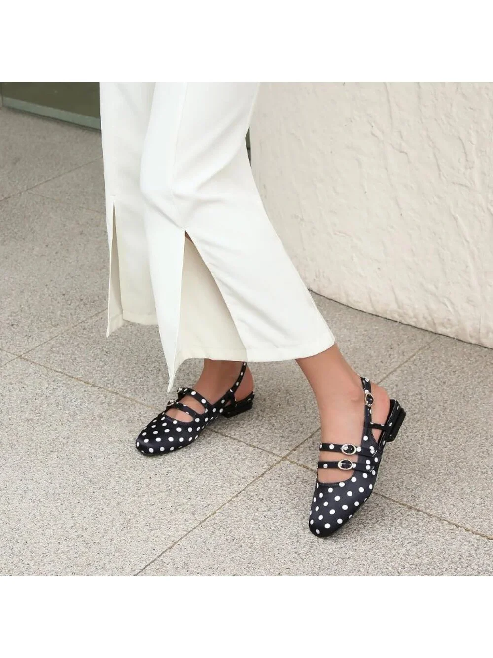 Women's Black Dot Closed Square Toe Strap Slingback Low Heels for Party Pumps